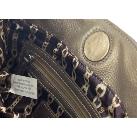 Tignanello Metallic Gold Bronze Leather Satchel Bag Chain-Print Lining - Picture 3 of 9